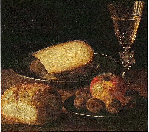 Nature morte, fruits, fromage et pain, 1650, Sébastien Stoskopff