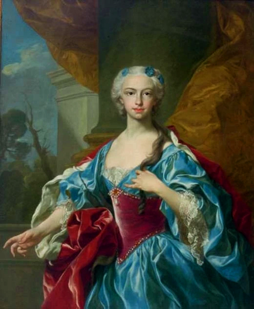 Portrait of a lady, three-quarter-length, in a blue silk dress with a crimson bodice and shawl, 1750, Georg Desmarées