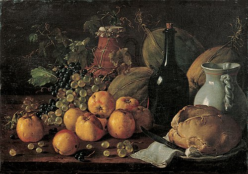 Nature morte avec pommes, raisin, melons, pain, cruche et bouteille, 1771, Luis Eugenio Meléndez