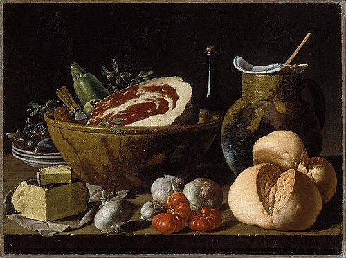 Nature morte au pain, jambon, fromage et légumes, 1772, Luis Eugenio Meléndez