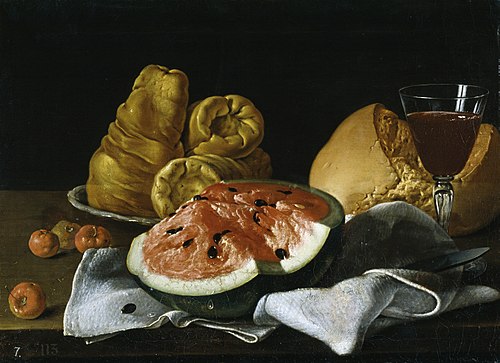 Still Life with Watermelon, Pastries, Bread, and Wine, 1770, Luis Eugenio Meléndez