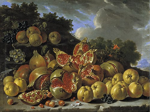 Grenades, pommes, baies d'aubépine, raisins, paysage, 1771, Luis Eugenio Meléndez