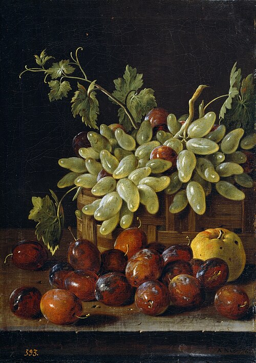 Bodegón con ciruelas cesta de uvas y manzana, 1762, Luis Eugenio Meléndez