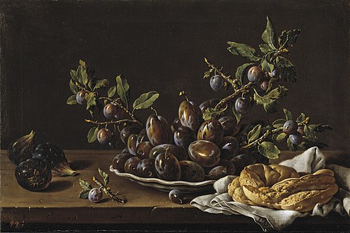 Still Life with Plums Figs and Bread, 1751, Luis Eugenio Meléndez