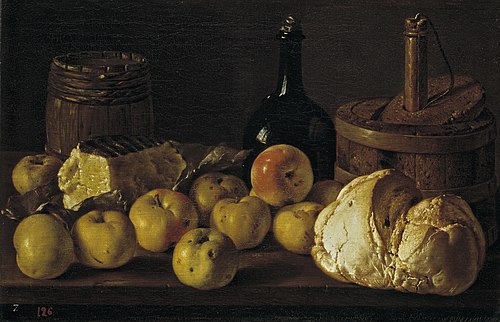 Bodegón con manzanas pan queso y recipientes, 1772, Luis Eugenio Meléndez