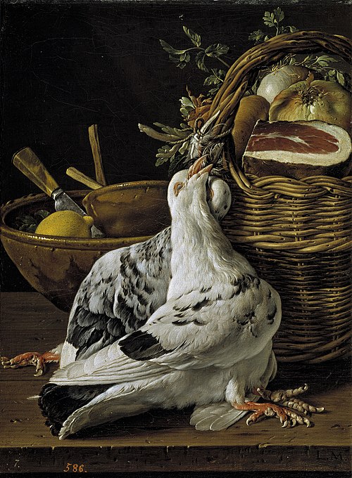 Bodegón con pichones cesta de comida y cuencos, 1750, Luis Eugenio Meléndez