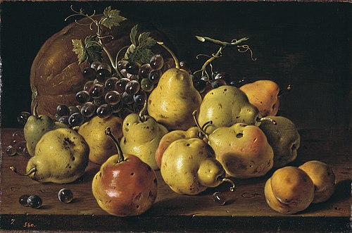 Bodegón con peros y melocotones uvas y melón, 1771, Luis Eugenio Meléndez