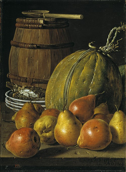 Bodegón con peras melones platos y barril, 1764, Luis Eugenio Meléndez