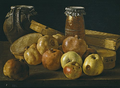 Bodegón con granadas y manzanas cajas de dulces y otros recipientes, 1751, Luis Eugenio Meléndez