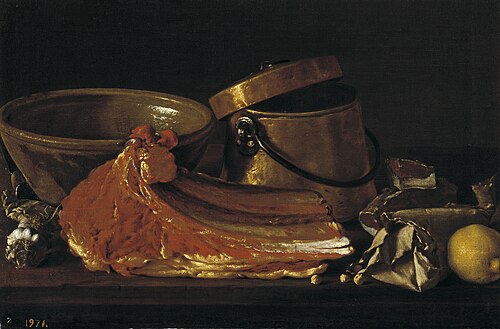 Bodegón con chuletón condimentos y recipientes, 1751, Luis Eugenio Meléndez