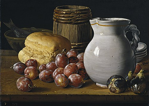 Nature morte aux prunes, figues, pain et récipients, 1750, Luis Eugenio Meléndez