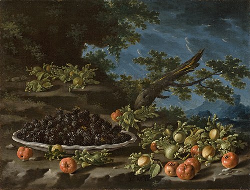 Still Life with Plate of Blackberries Antilles Cherries and Hazelnuts in a Landscape, 1750, Luis Eugenio Meléndez
