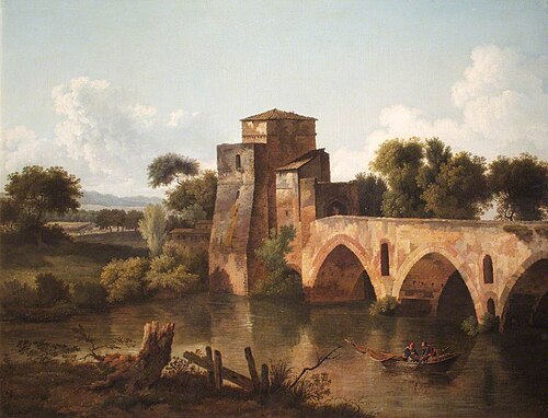 The Ponte Molle, Rome, with Fishermen in the Foreground, , Cornelis Dekker