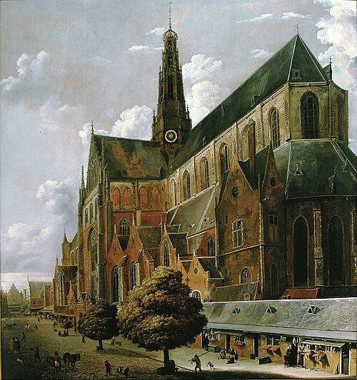 The Bavo church in Haarlem seen from the Oude Groenmarkt on the South side, 1658, Cornelis Dekker