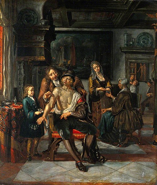 Interior of a Surgery with a Surgeon Treating a Wound in the Arm of a Man, with a Boy and Five Other, 1700, Matthys Naiveu