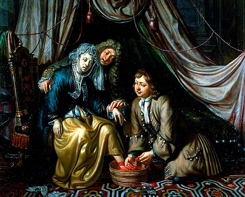 A female patient, seated, whilst one physician takes her pulse and another bleeds her foot, 1726, Matthys Naiveu