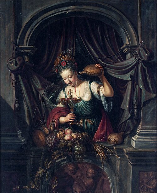 A young woman in a window serves wine, 1750, Matthys Naiveu