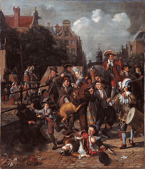 Amsterdam street-scene with a bear-tamer, 1696, Matthys Naiveu