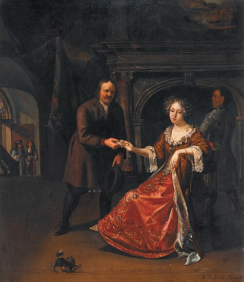 An elegant lady seated in an interior receiving a letter from a footman, 1687, Matthys Naiveu