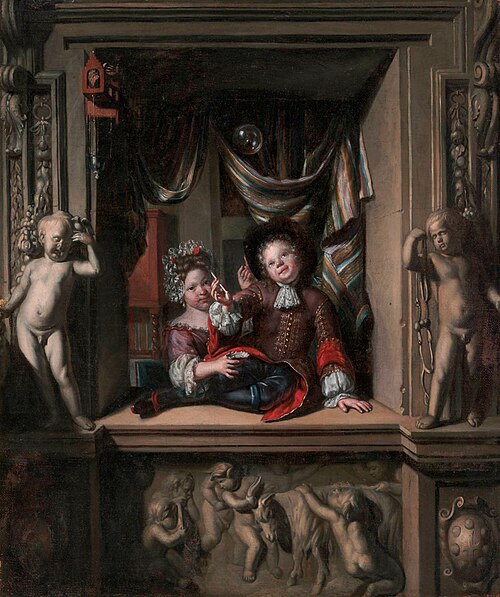 Boy and girl blowing soap bubbles, 1500, Matthys Naiveu