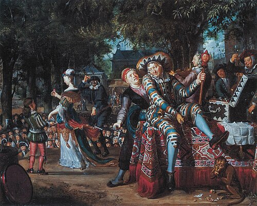 Buffoons in a play in open air, 1721, Matthys Naiveu