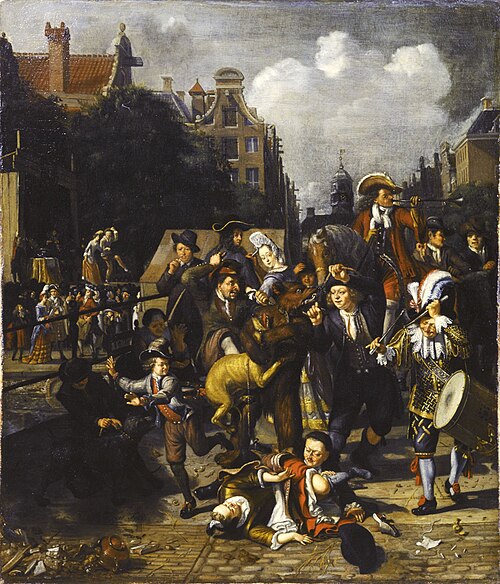 Amsterdams stadstafereel met berenleider, 1696, Matthys Naiveu