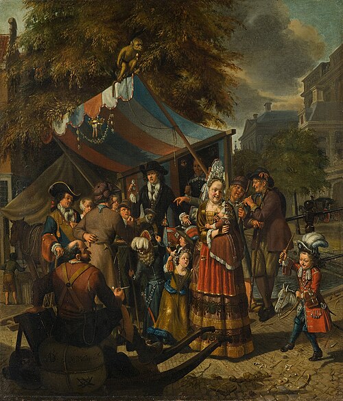 Amsterdam city scene with a quack, 1696, Matthys Naiveu