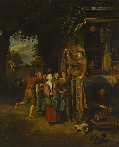 Children playing in a street outside a cobbler's shop, 1682, Matthys Naiveu