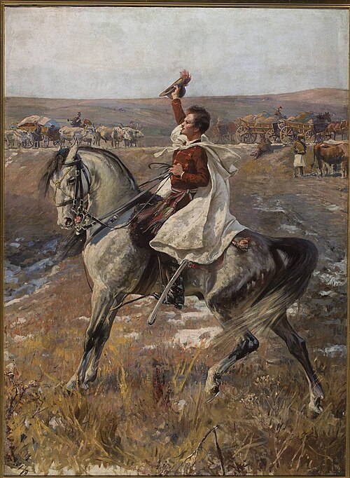 Portrait de Sándor Petőfi à cheval sur un fond de campement., 1897, Jan Styka