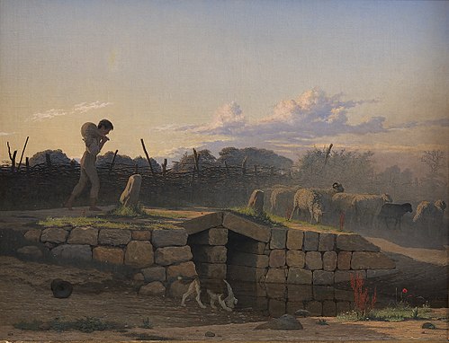 En hyrdedreng, der driver en flok får, 1838, Johan Vilhelm Gertner