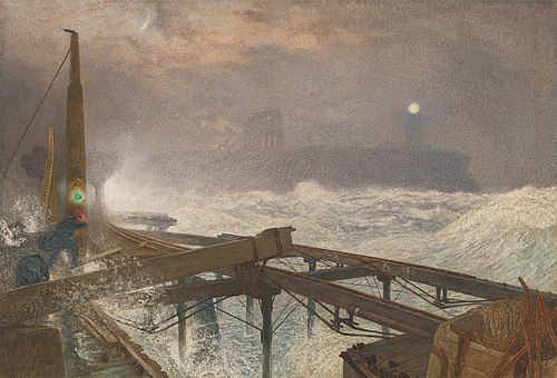 Tynemouth Pier - Lighting the Lamps at Sundown, 1868, Alfred William Hunt