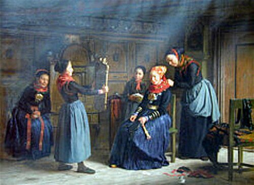 Dressing the bride. Scene from the Hollænderby (Dutch village) on Amager., 1891, Julius Exner
