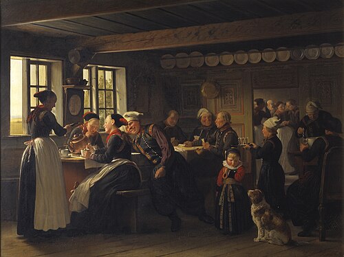 Interior with peasants from the region of Amager, 1854, Julius Exner