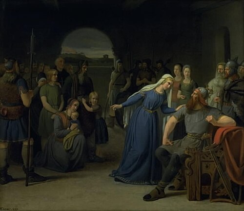 The Danish Queen Thyra Danebod Trying to Soften the Heart of her Husband, Gorm the Old, towards some, 1849, Julius Exner