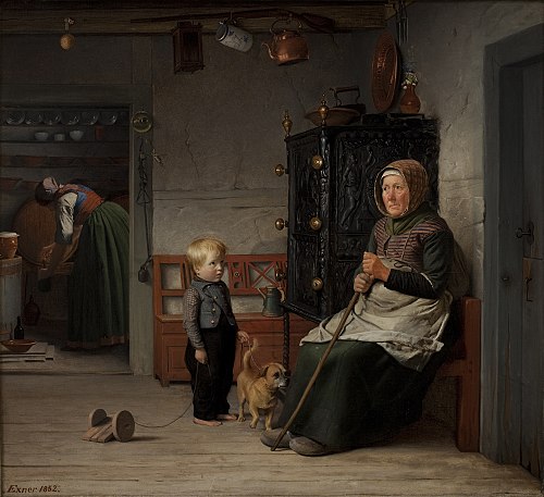 En fattig kone der venter på et krus øl i en bondestue, 1852, Julius Exner