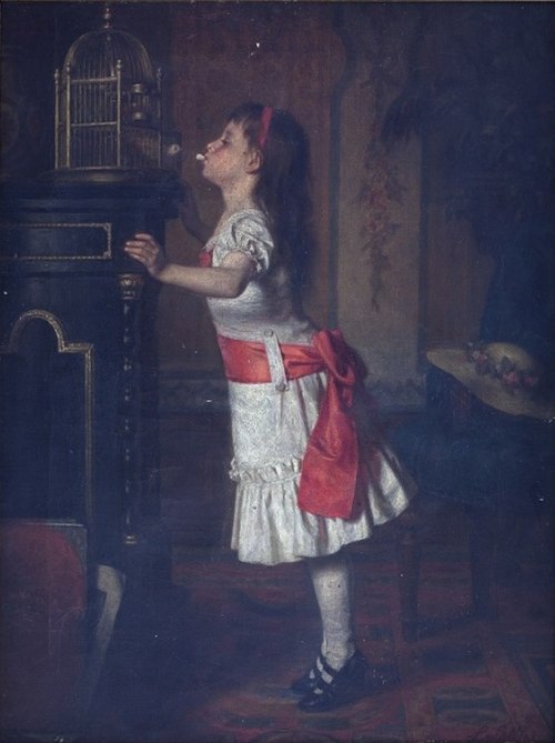 Girl with canary, 1878, Leopold Loeffler