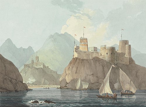 East View of the Forts Jellali and Merani, Muskat, 1793, Thomas Daniell