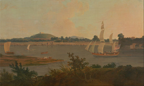 Pinnace sailing down the Ganges past Monghyr Fort, 1791, Thomas Daniell