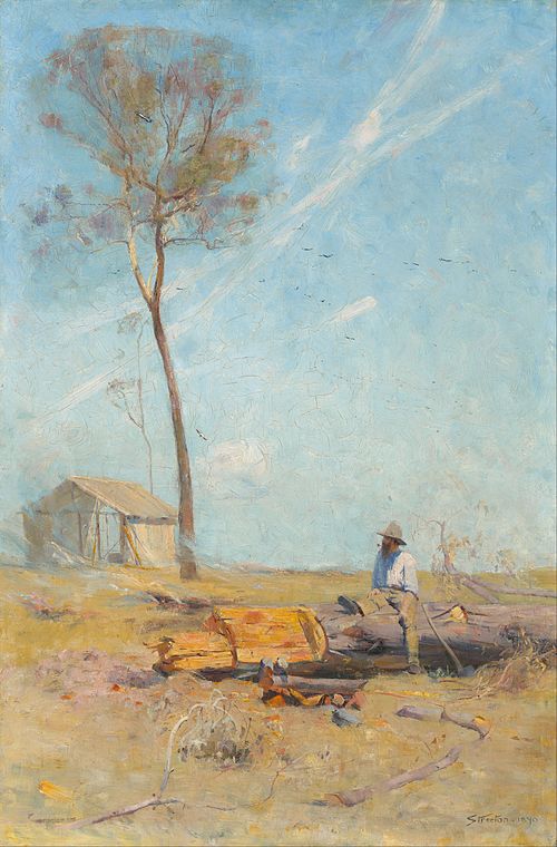 The selector's hut (Whelan on the log), 1890, Arthur Streeton
