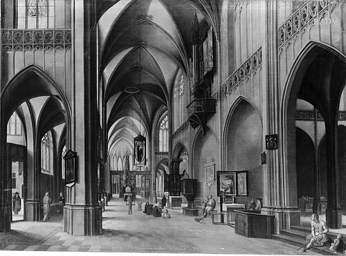 Inneres einer gotischen Kirche mit Staffage, 1605, Hendrik van Steenwijk II