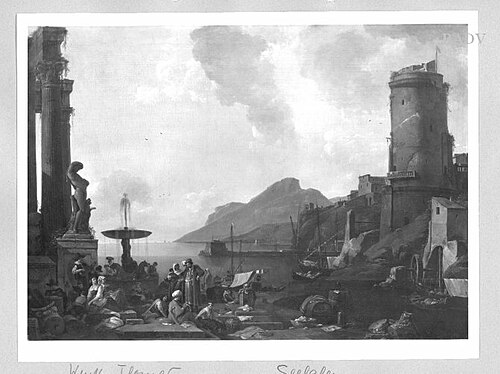 Southern Sea-Harbour with architecture; tradesmen, 1641, Thomas Wyck