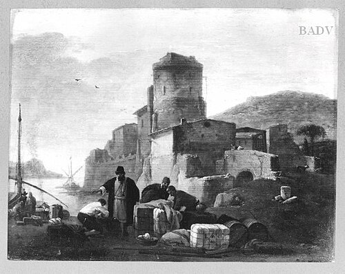 Italienischer Hafen mit Befestigungen und Staffage, 1641, Thomas Wyck