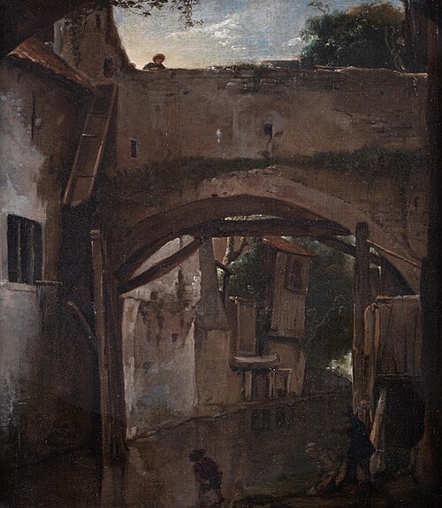 A washerwoman and children by a river before a walled bridge, 1654, Thomas Wyck