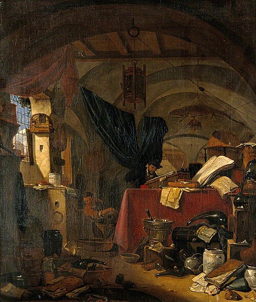 Interior with an Alchemist Studying a Book, His Assistant Pouring Liquid into a Bowl, , Thomas Wyck