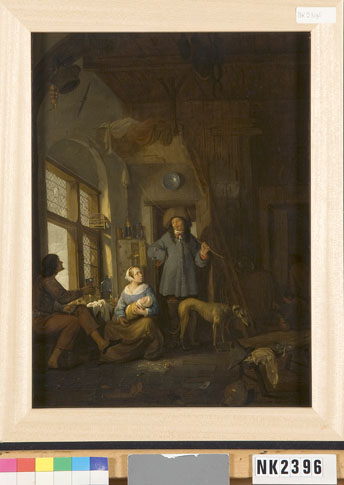 Interieur met twee mannen en een vrouw met een baby, 1656, Thomas Wyck