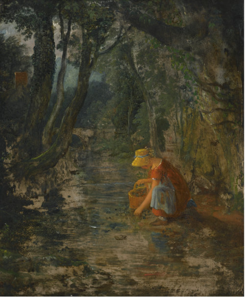 A GIRL COLLECTING BERRIES BY A BROOK IN A WOODED LANDSCAPE, , Francis Danby