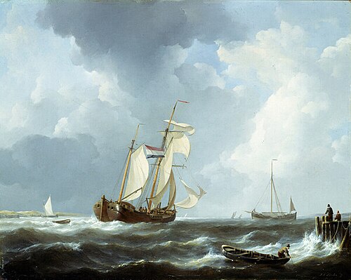 Kofschip temidden van andere vaartuigen onder zeil, nabij een kust, 1826, Johannes Christiaan Schotel