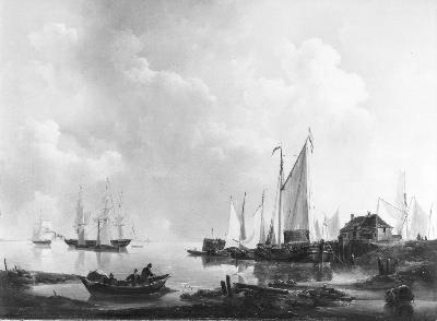 Een stil water, rechts verschillende schepen bij een havenhoofd (Gezicht op Hellevoetsluis), 1824, Johannes Christiaan Schotel