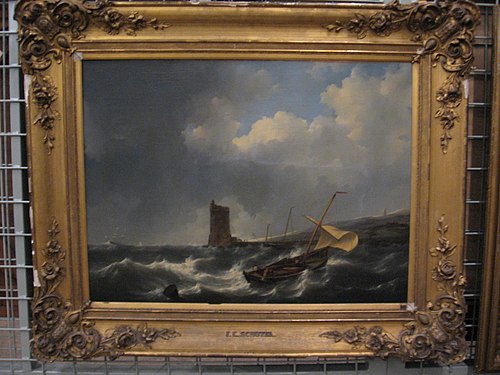Stormy sea, on the right a beach with a light house, 1812, Johannes Christiaan Schotel