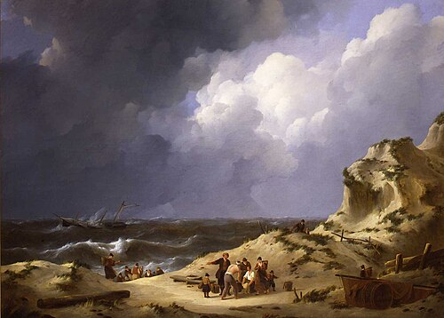 The wreckage of the three-masted Iphigenia at Zandvoort in 1816, 1822, Johannes Christiaan Schotel